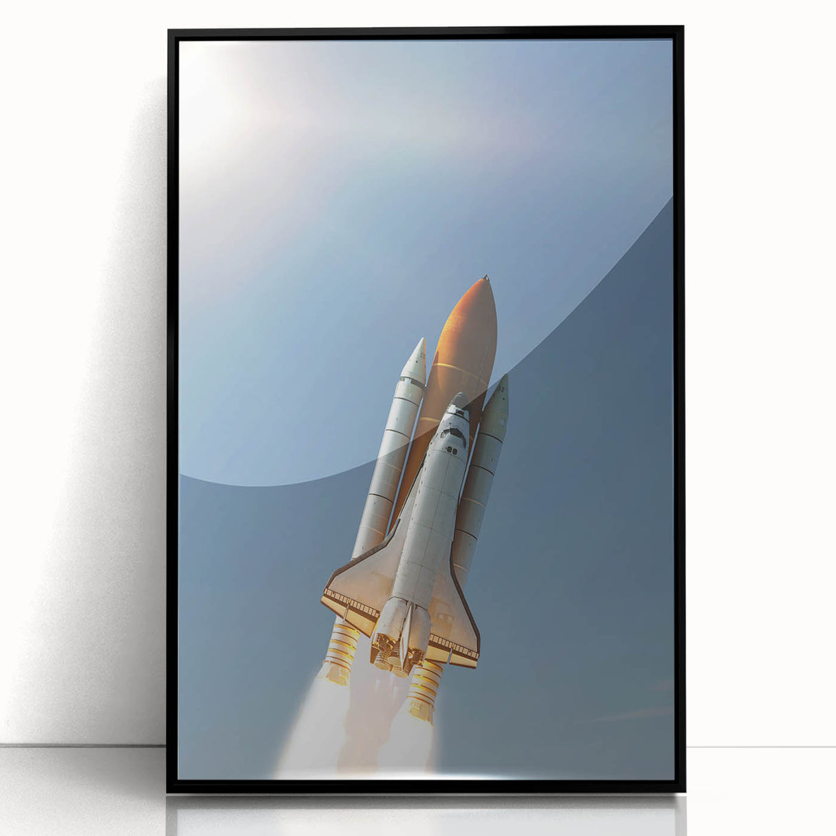 Large abstract wall art depicting a mid-century modernist spacecraft in black and gray tones on a framed acrylic panel.