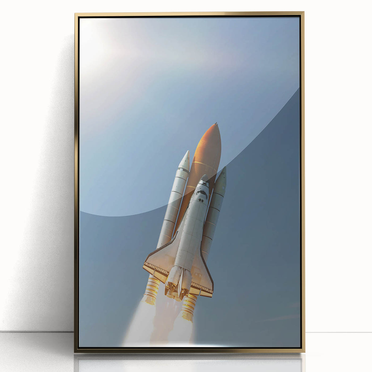 Mid-century modernist art deco poster of a spacecraft, in vibrant gold and black tones, framed acrylic.