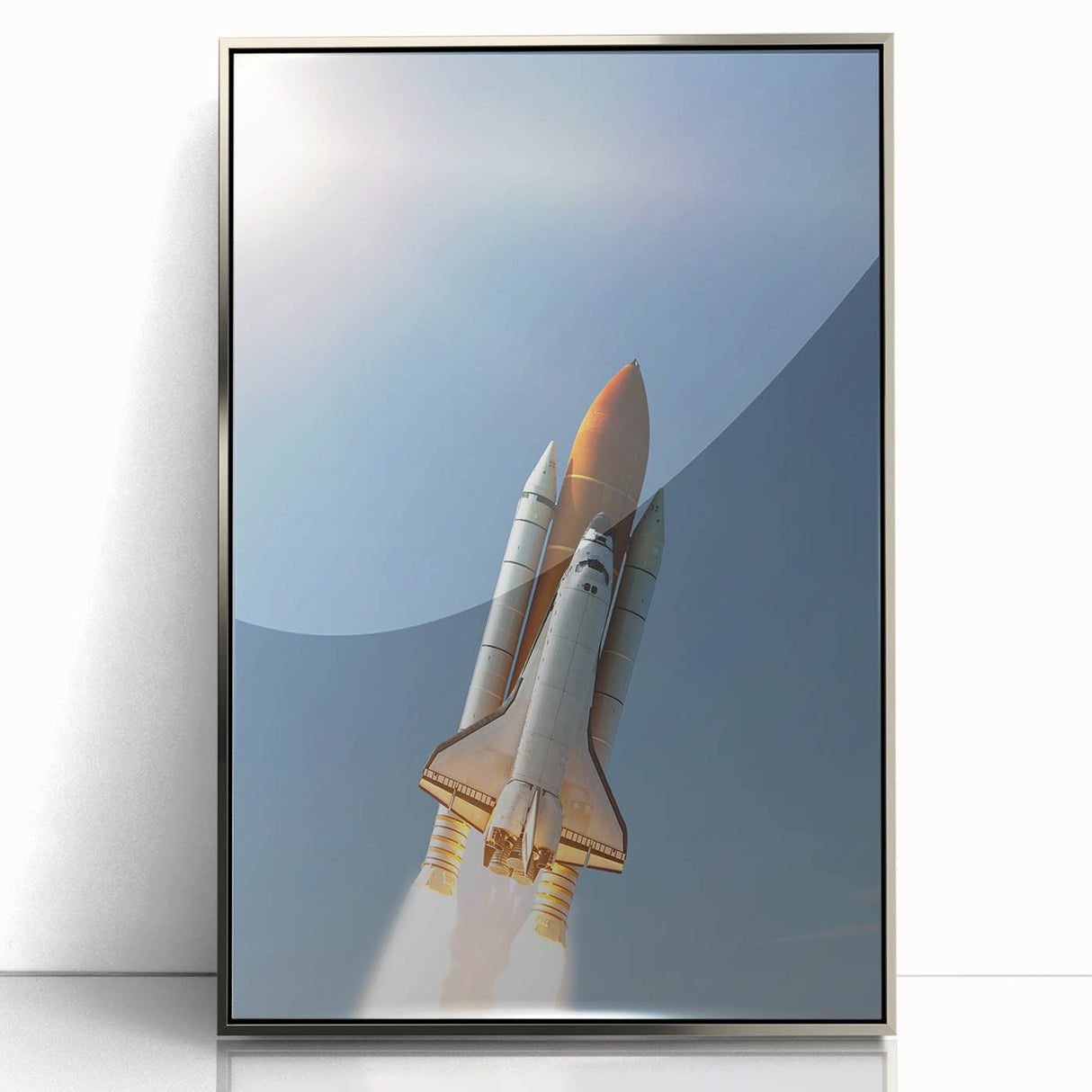 Framed acrylic print of a silver art deco spacecraft, ideal for modern nursery wall art.