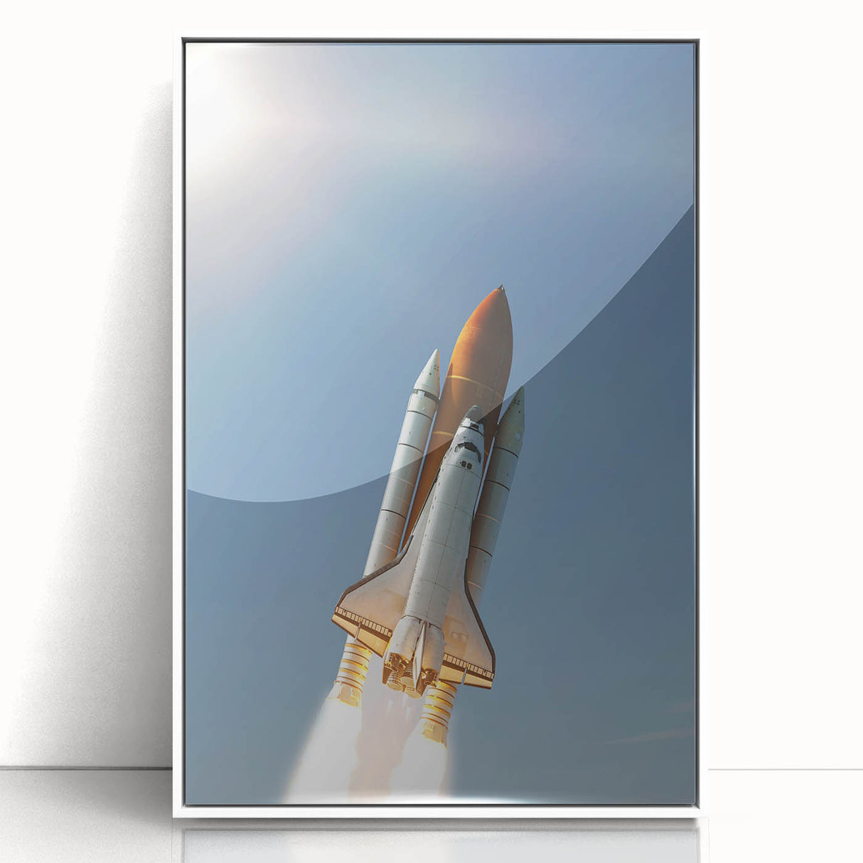 Mid-century modernist art print of a spacecraft, rendered in vibrant colors on white acrylic, ideal for nursery wall decor.