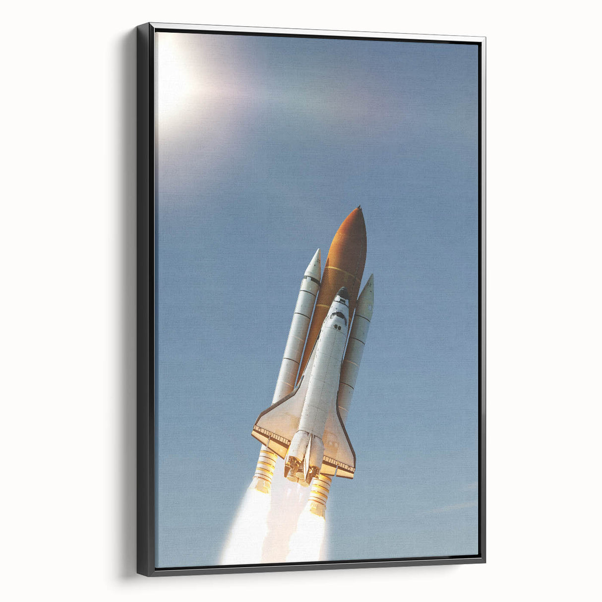 Black and white vintage poster art of a spacecraft, printed on a framed canvas, ideal for bedroom wall decor.