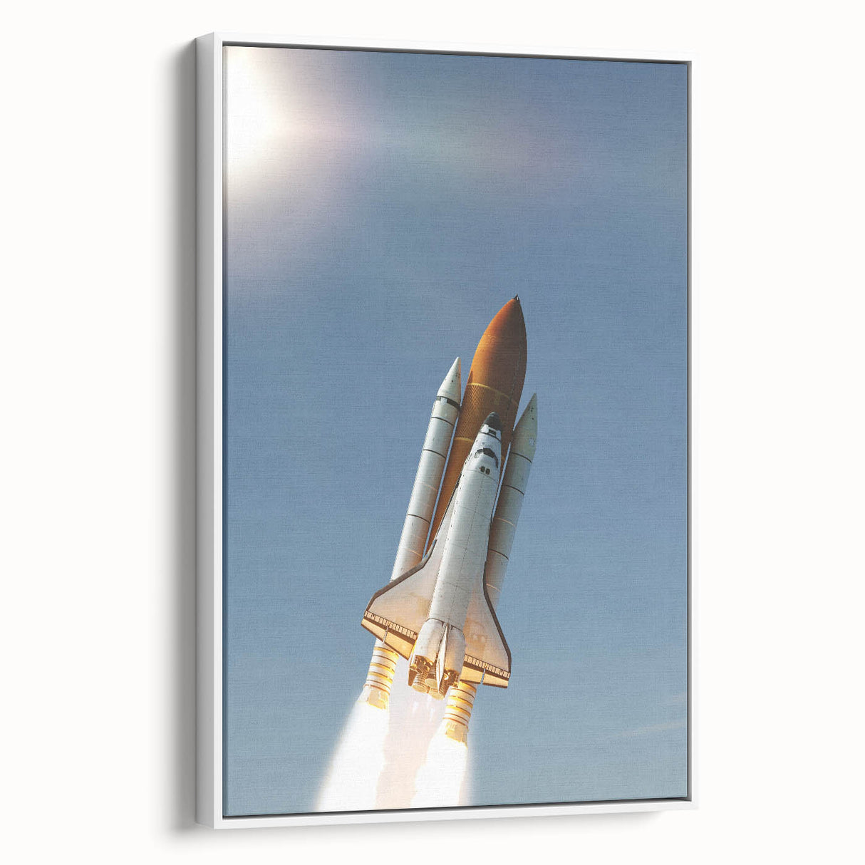 Framed canvas depicting a vintage spacecraft design in black and white, ideal for bedroom wall art.