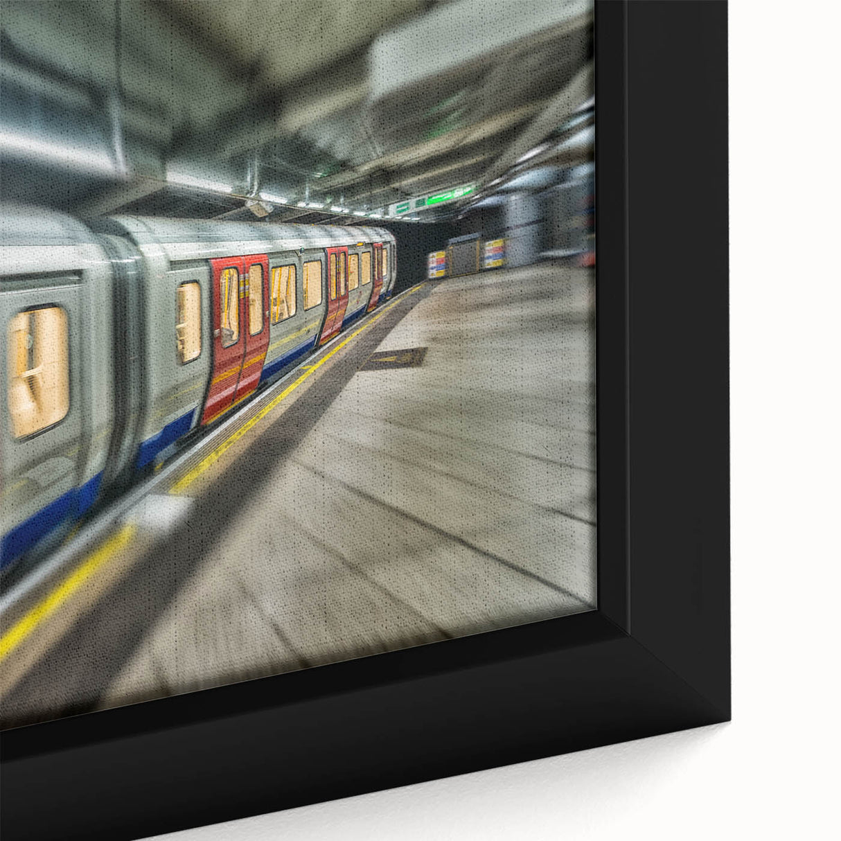 Extra large framed canvas depicting a black subway train with vibrant, colorful graffiti, ideal for living room decor.