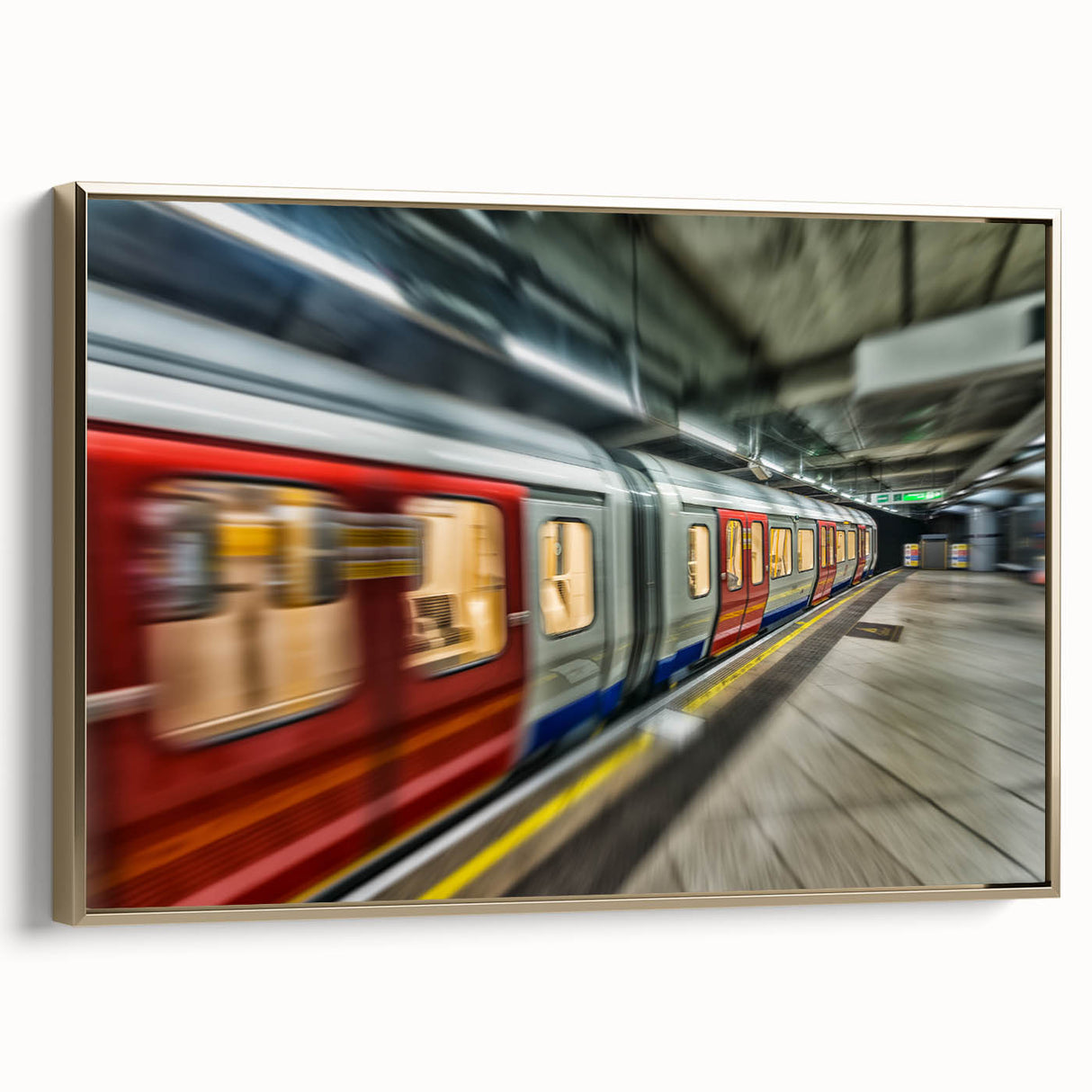 Framed canvas depicting a vintage subway landscape in black and gold tones, ideal for bedroom wall art.
