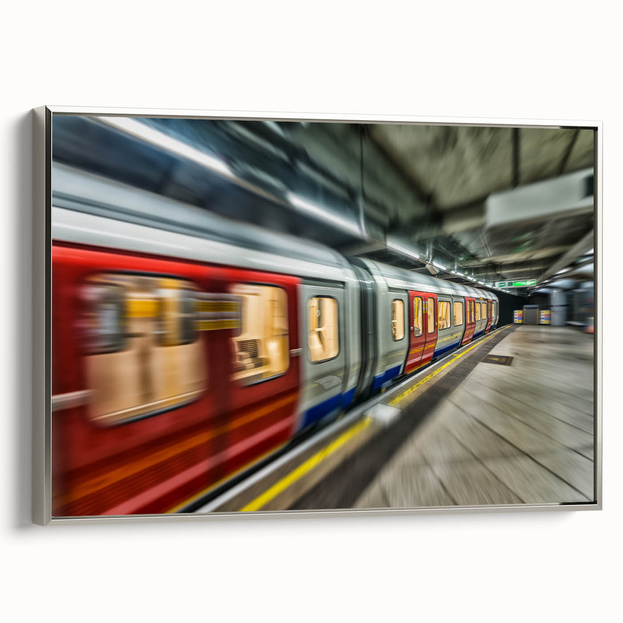Framed canvas of a vintage subway with black and colorful accents, ideal for adding character to office spaces.