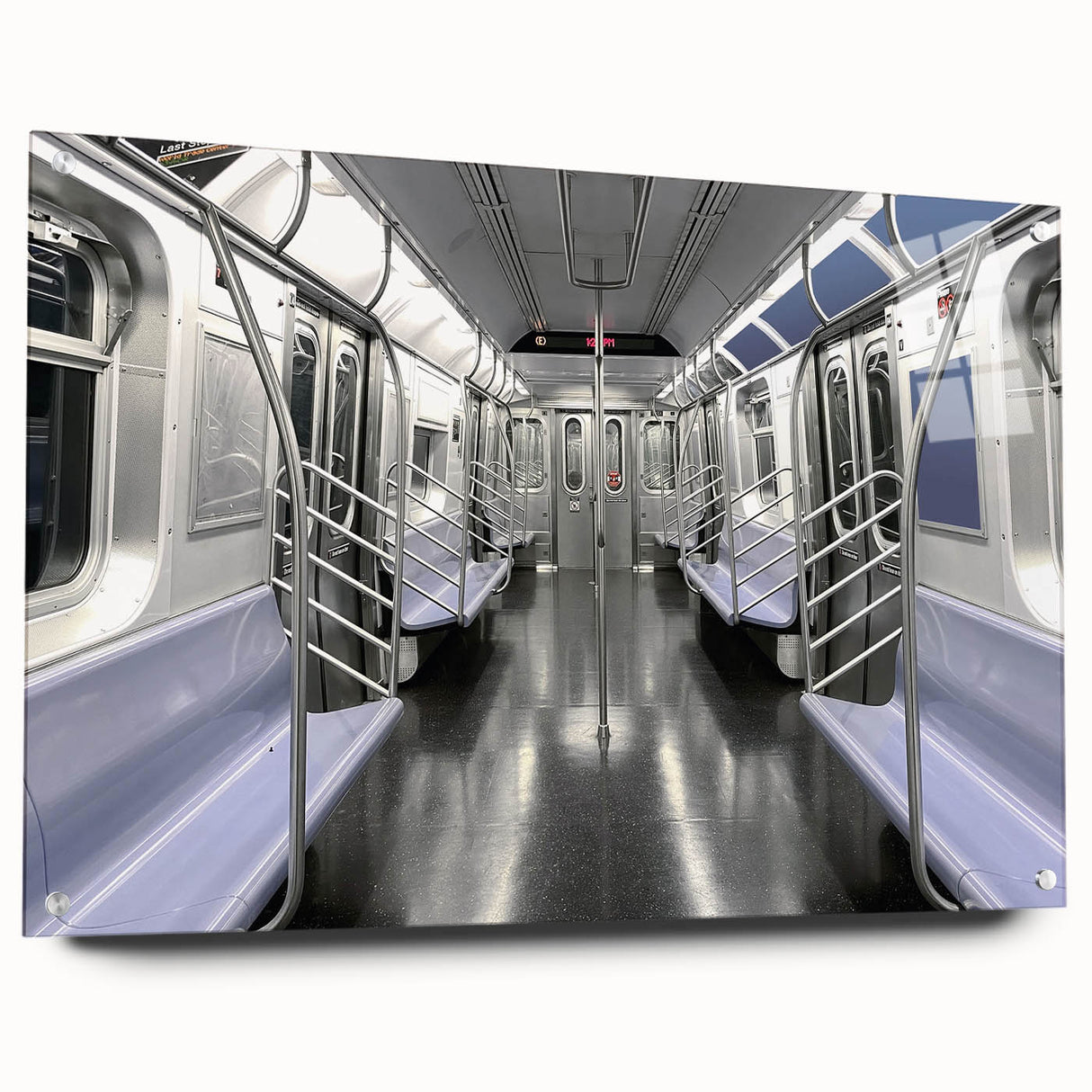 Acrylic print of a large abstract subway design in cool gray tones, suitable for bedroom or dining room decor.