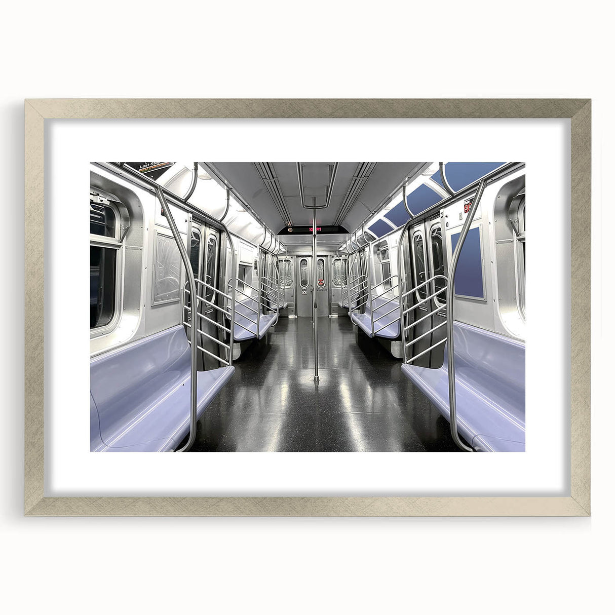 Abstract textured art print of a subway in muted grays and blues, framed in silver, suitable for bedroom wall decor.