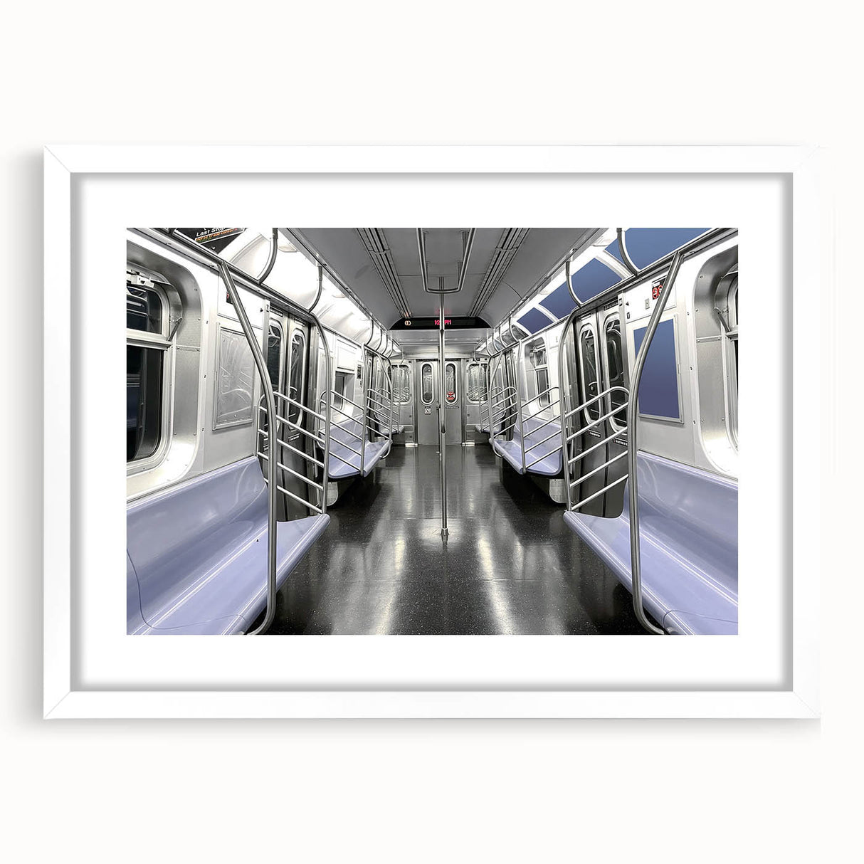 Abstract art print of a subway in muted gray and blue tones, framed with a white mat, suitable for dining room decor.