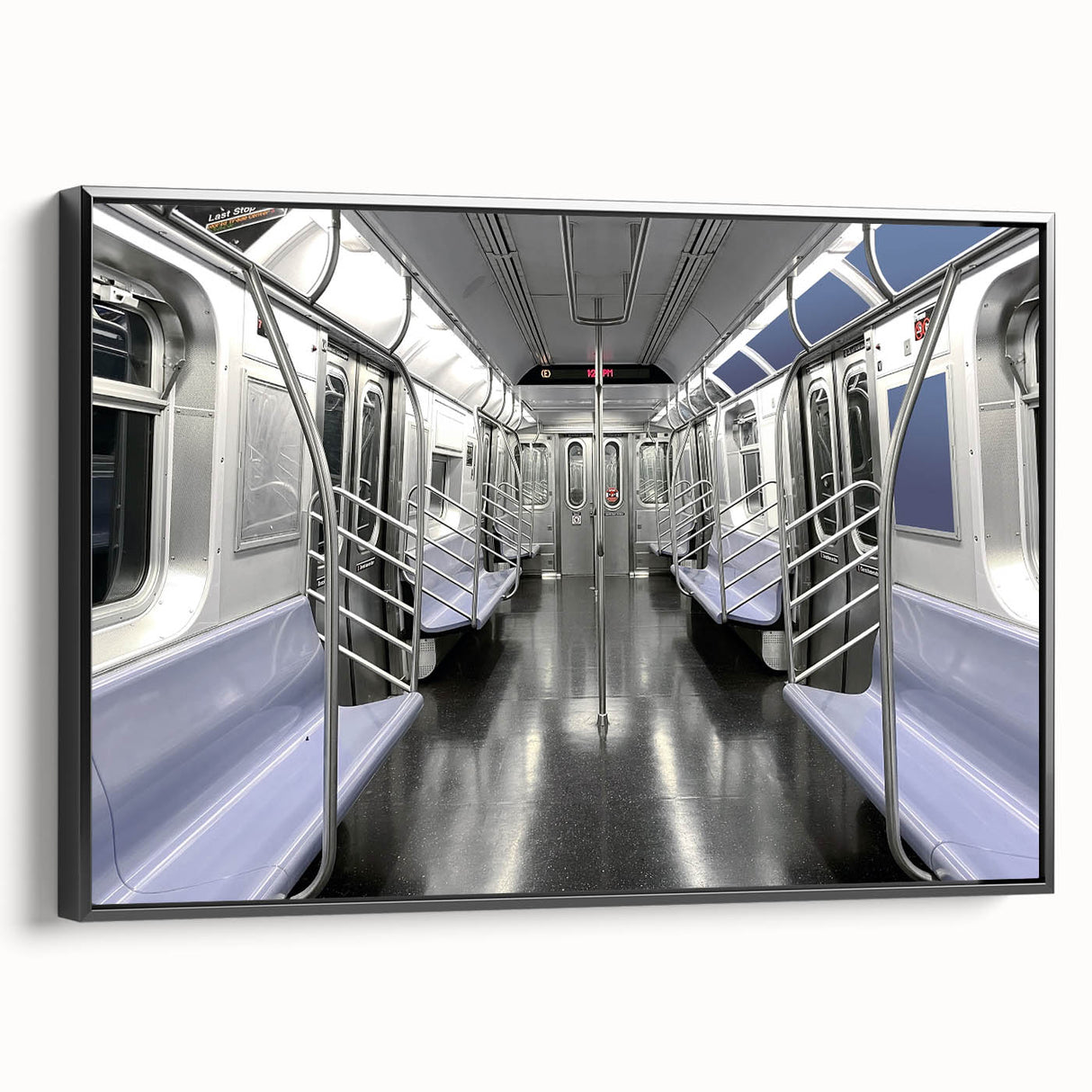 Black and white vintage poster art of a subway landscape on a framed canvas, suitable for bedroom decor.