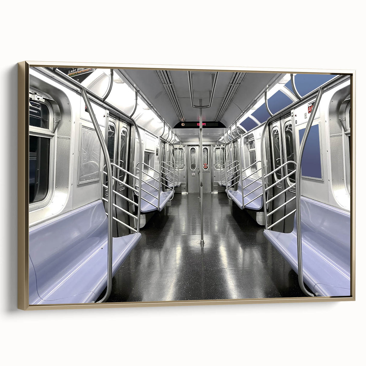 Framed canvas featuring a vintage subway design in black and gold tones, ideal for bedroom wall art.