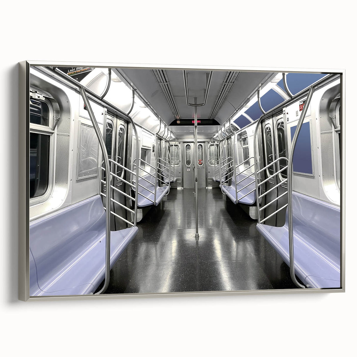 Framed canvas of a vintage subway landscape in black with colorful art accents, ideal for office decor.