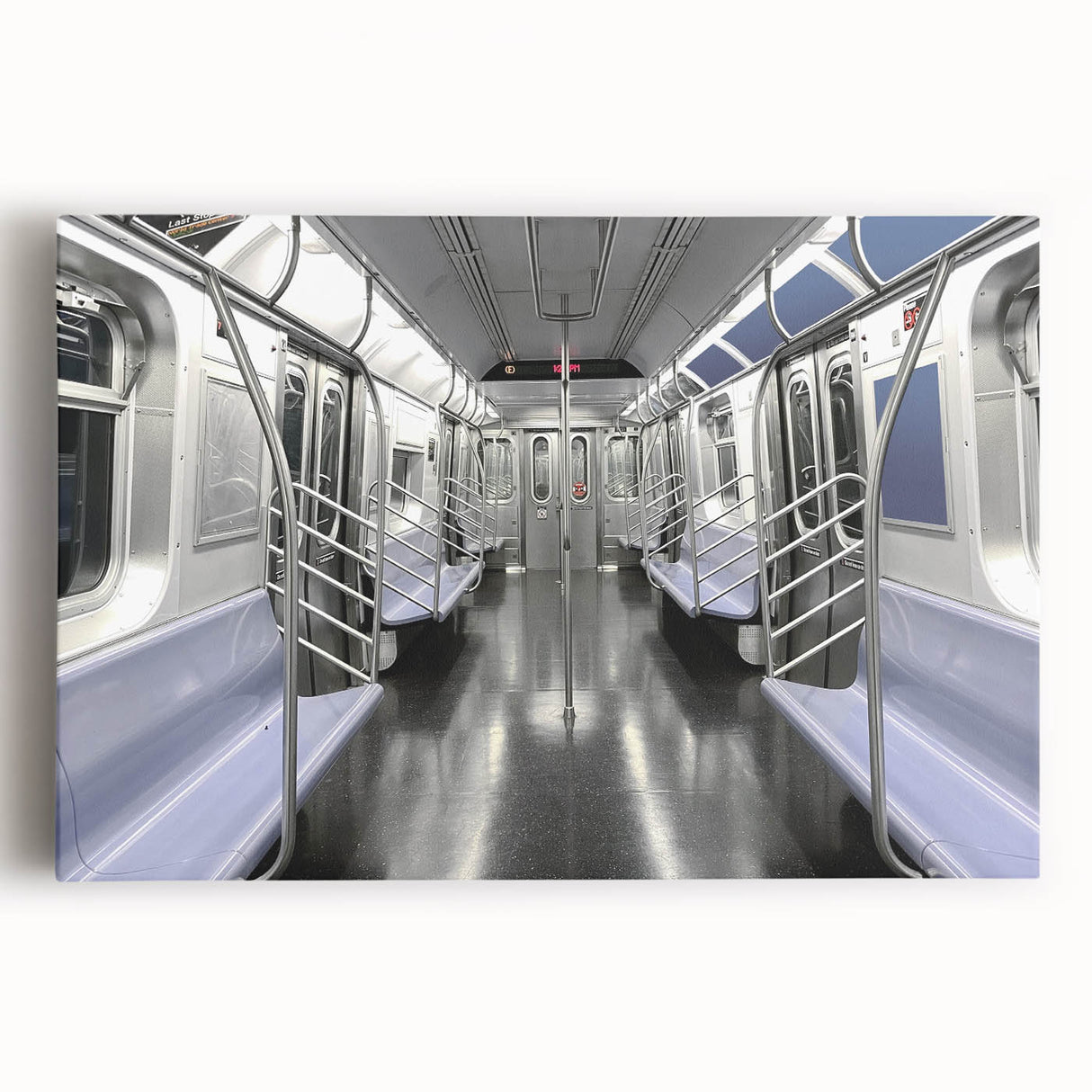 Black and white photo of a subway train on stretched canvas, ideal for kitchen wall art.