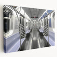 Subway train in motion depicted in vibrant colors on a large stretched canvas, suitable for kitchen wall art.