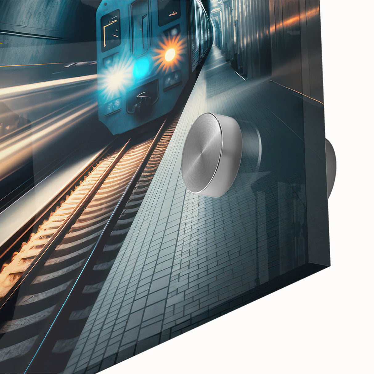 Large abstract wall art on acrylic glass featuring a mid-century modernist subway design in cool blue and gray tones.