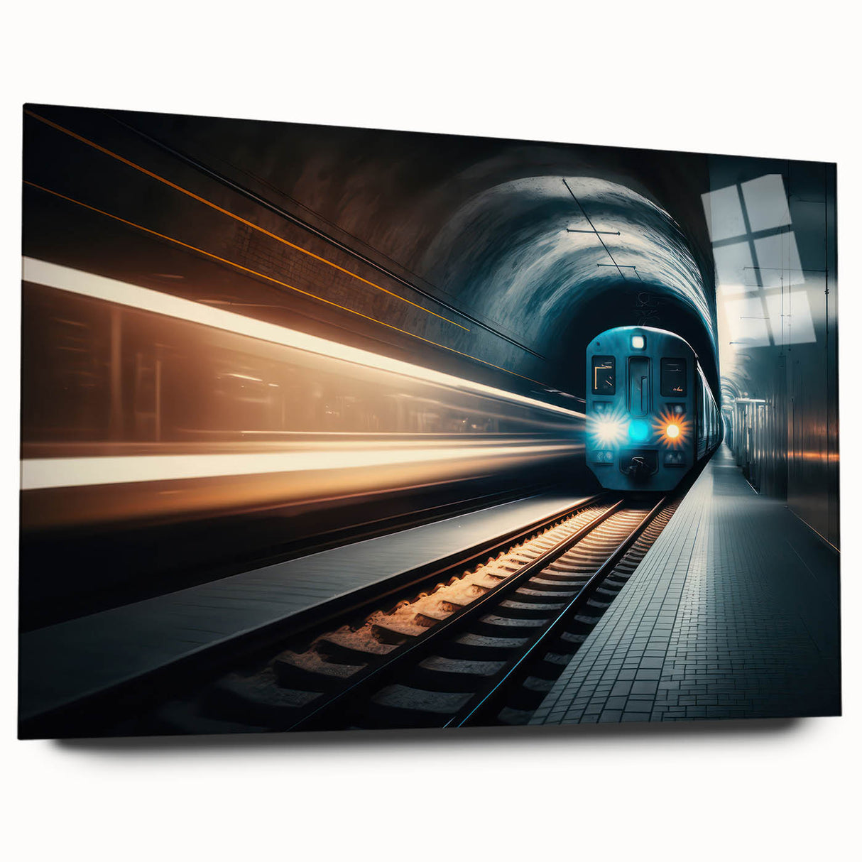 Acrylic print of a large abstract subway design in muted grays and blues, ideal for bedroom or dining room art.