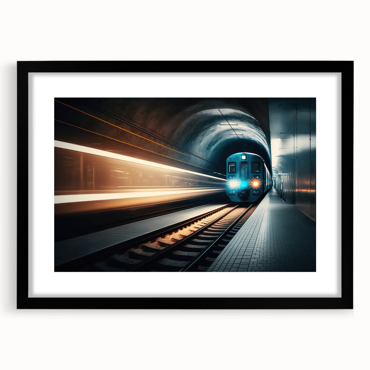 Abstract art print of a subway in vibrant, colorful strokes on a large textured canvas, ideal for living room decor.