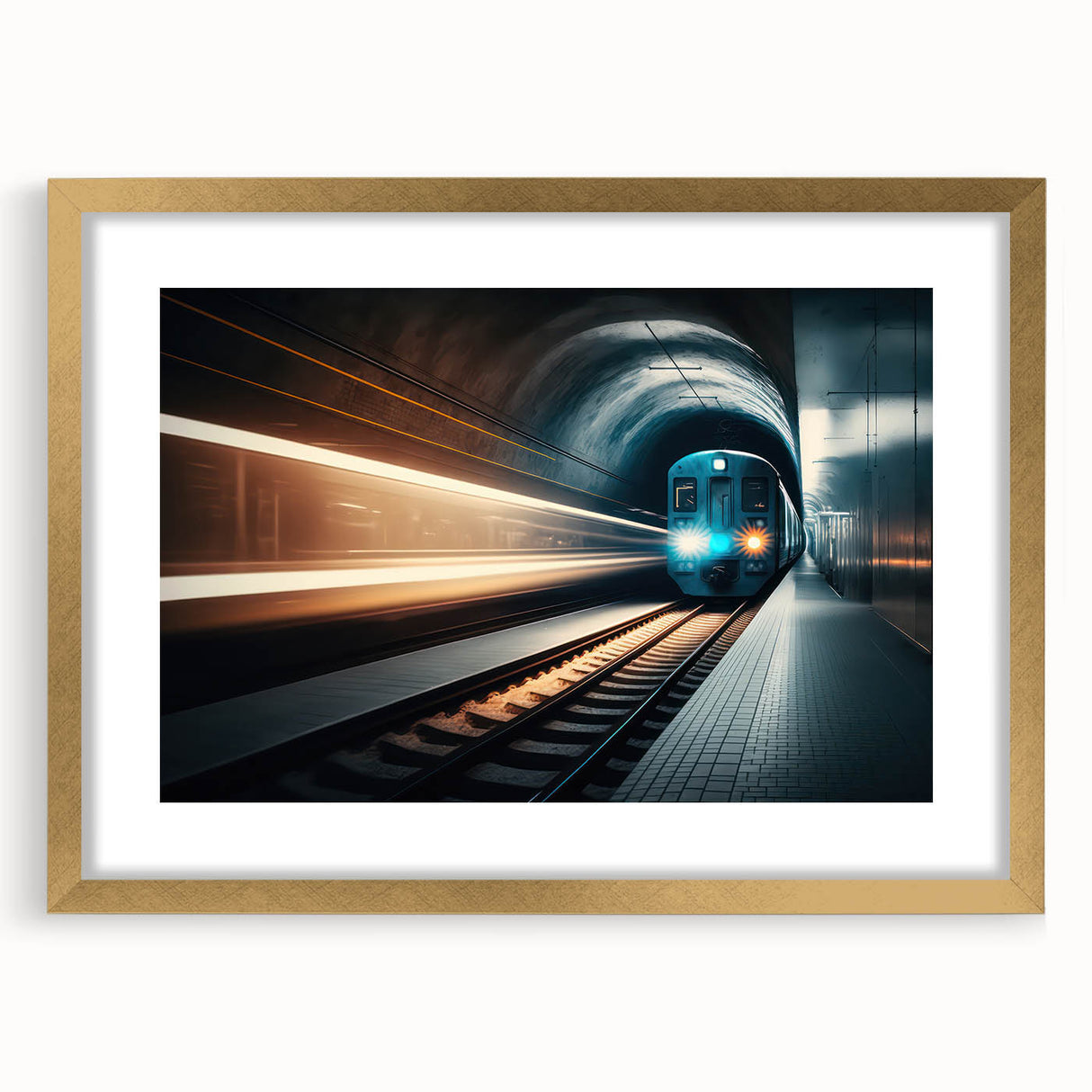 Extra large abstract art print of a subway scene in muted grays and blues, framed with a gold mat.