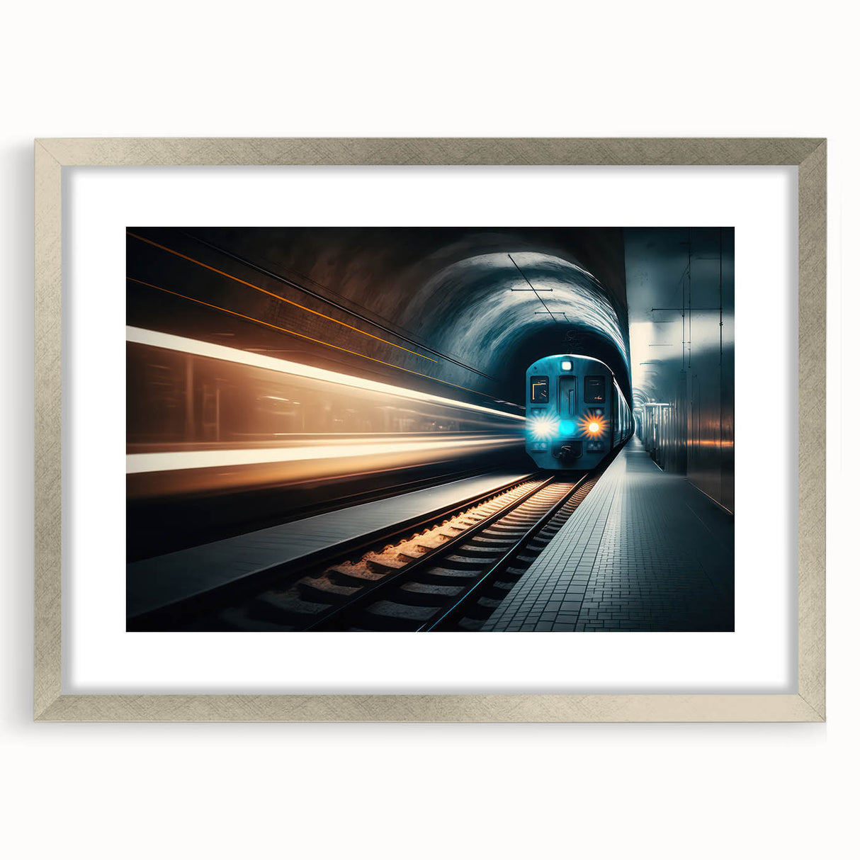 Textured abstract art print of a subway scene in muted grays and blues, framed with a silver mat, ideal for bedroom art.