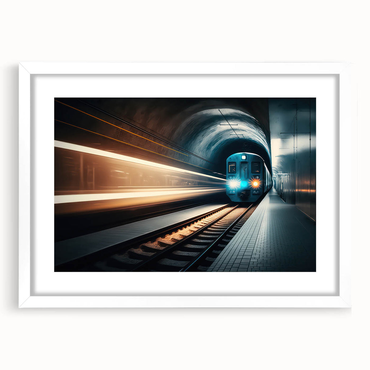 Abstract art print of a subway in muted gray and blue tones on a framed white mat.