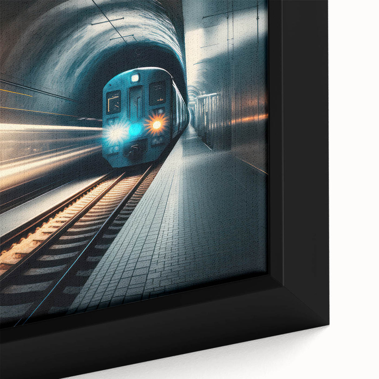 Extra large framed canvas depicting a black subway train in a colorful, textured style, ideal for living room decor.