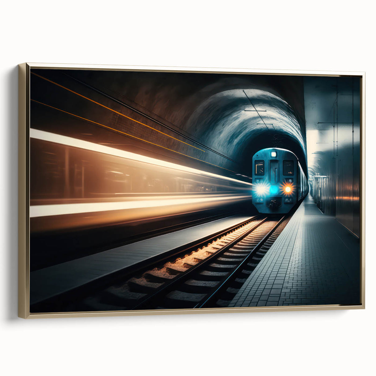 Framed canvas featuring a vintage subway landscape in black and gold tones, ideal for bedroom wall decor.