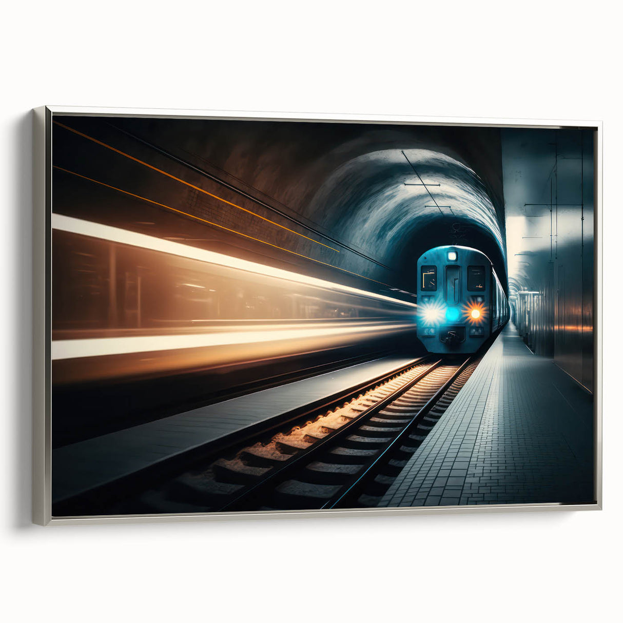 Framed canvas featuring a vintage poster of a colorful subway scene, ideal for adding a retro touch to any living space.