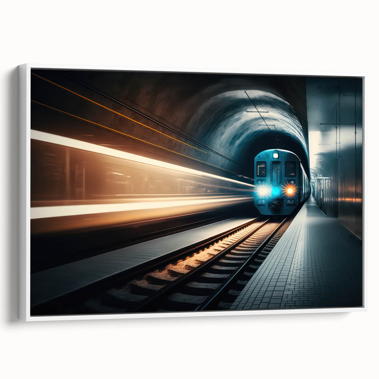 Vintage poster art of a subway train in grayscale on a framed canvas, suited for extra large living room decor.
