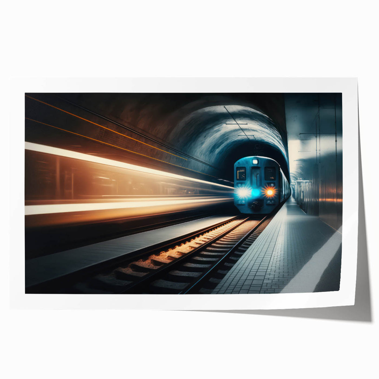 Rolled print of a subway in muted gray tones, ideal for modern dining room decor.