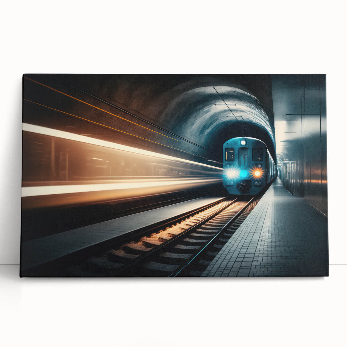 Black and white photo of a subway train on a stretched canvas, suitable as large kitchen wall art or for bedroom decor.