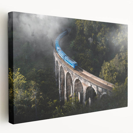 Side view of a vintage train depicted in muted earth tones on a stretched canvas, suitable for kitchen wall art.