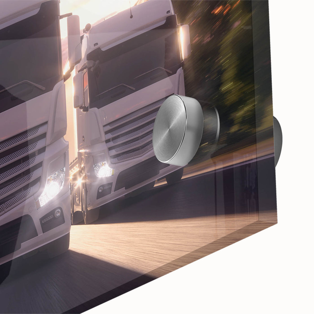 Large abstract wall art featuring colorful trucks in mid-century modernist style on acrylic glass.