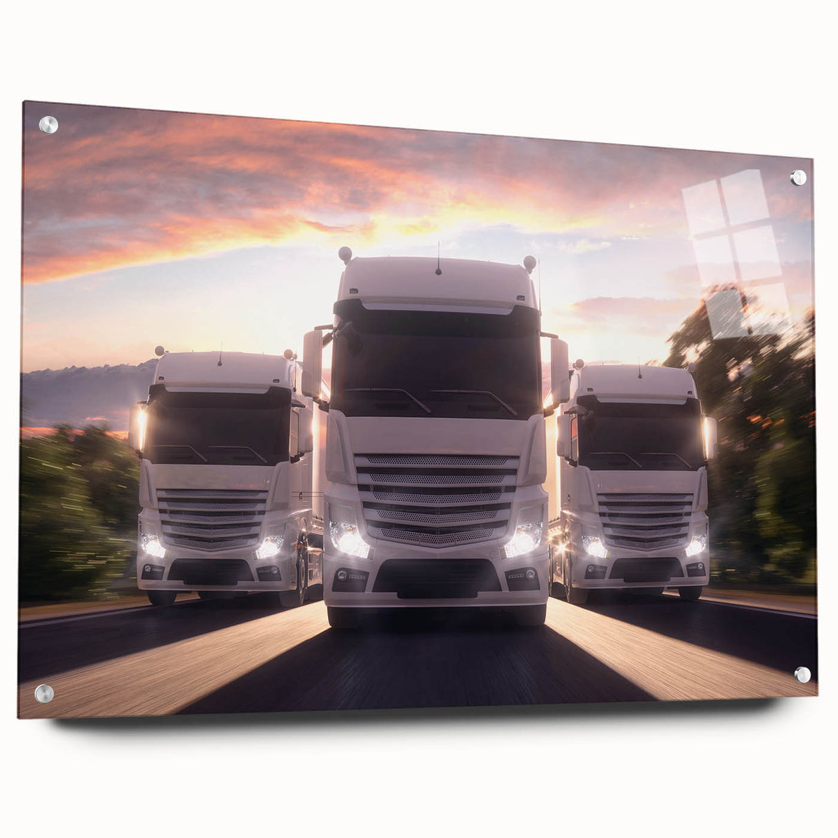 Acrylic print of a side view of colorful abstract trucks, ideal for dining room art.