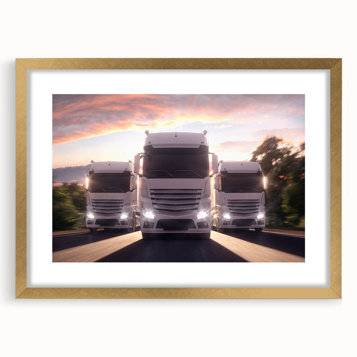Extra large abstract art print of colorful trucks, textured finish on a gold-framed canvas, ideal for living room decor.