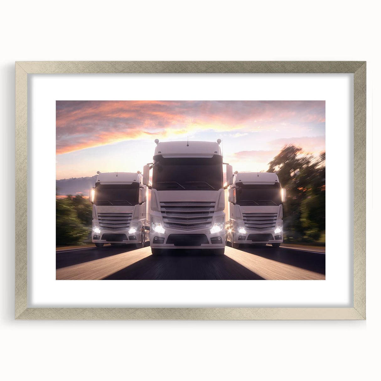 Textured art print of abstract trucks in gray and silver tones, framed with a silver mat, suitable for bedroom decor.