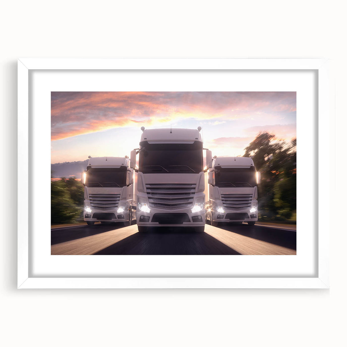 Abstract art print of colorful trucks in a grid layout on a white framed poster, ideal for bedroom or dining room decor.