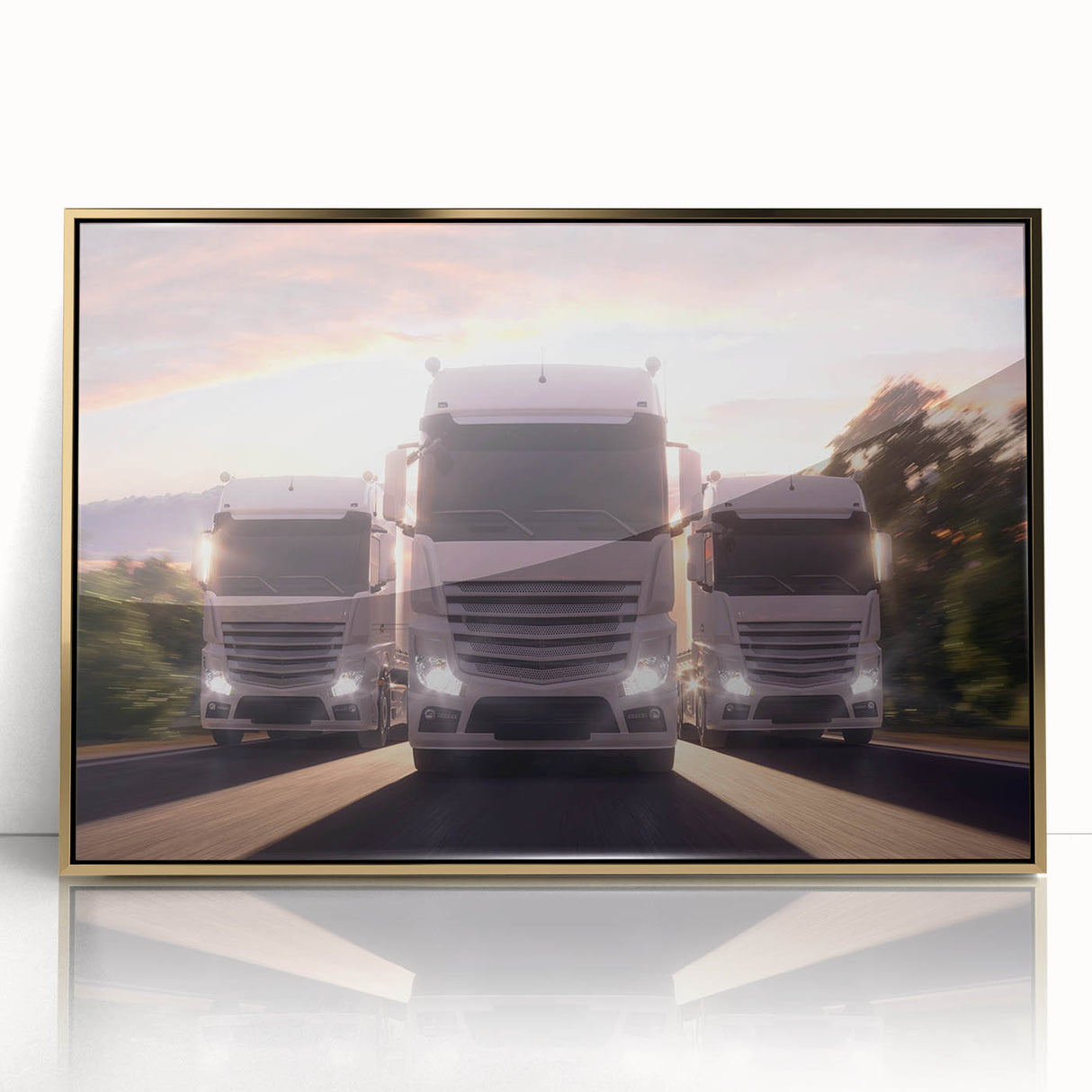 Framed acrylic print of colorful mid-century modernist trucks, ideal for nursery wall art.