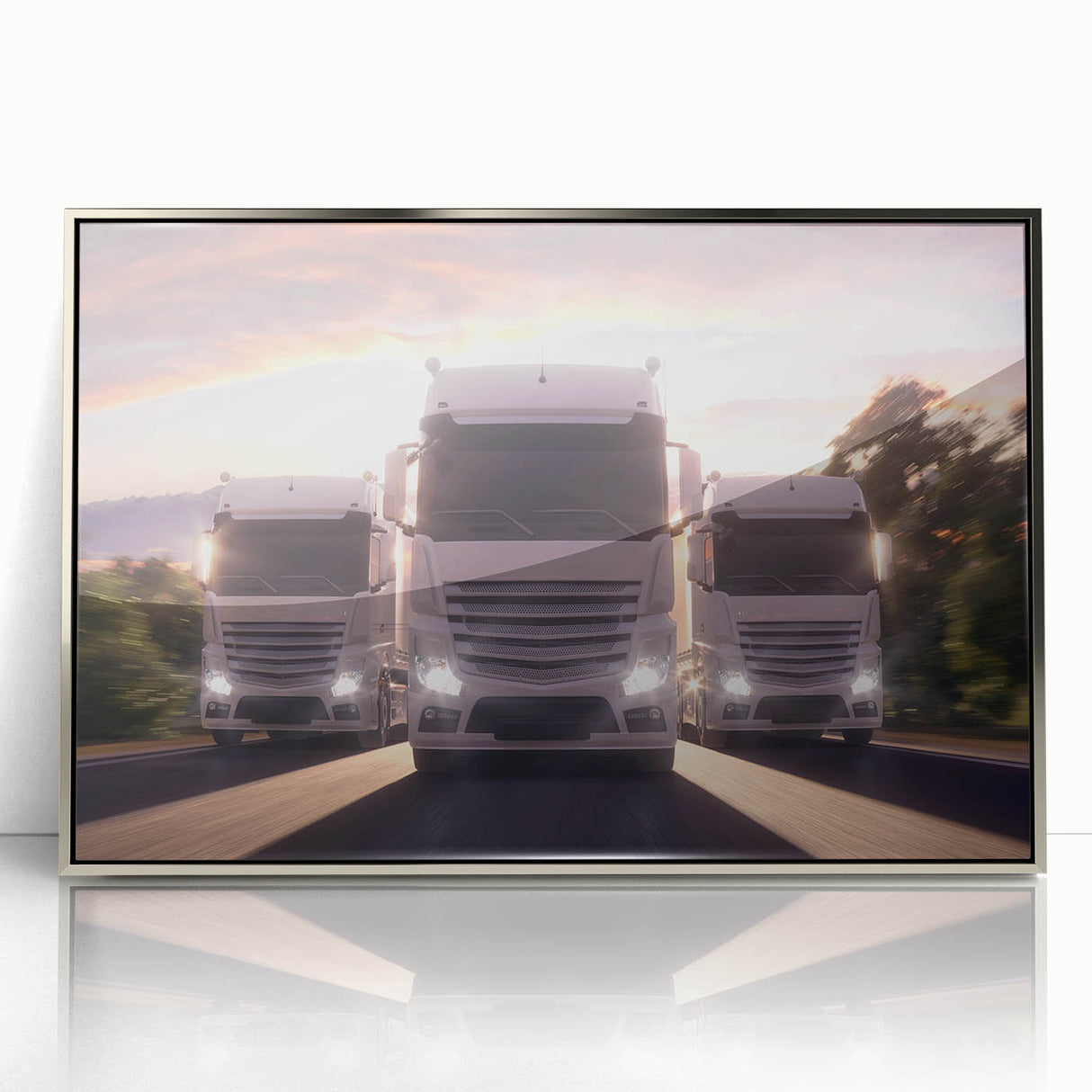 Mid-century modernist art depicting colorful trucks on a silver-framed acrylic print, suited for nursery wall art.