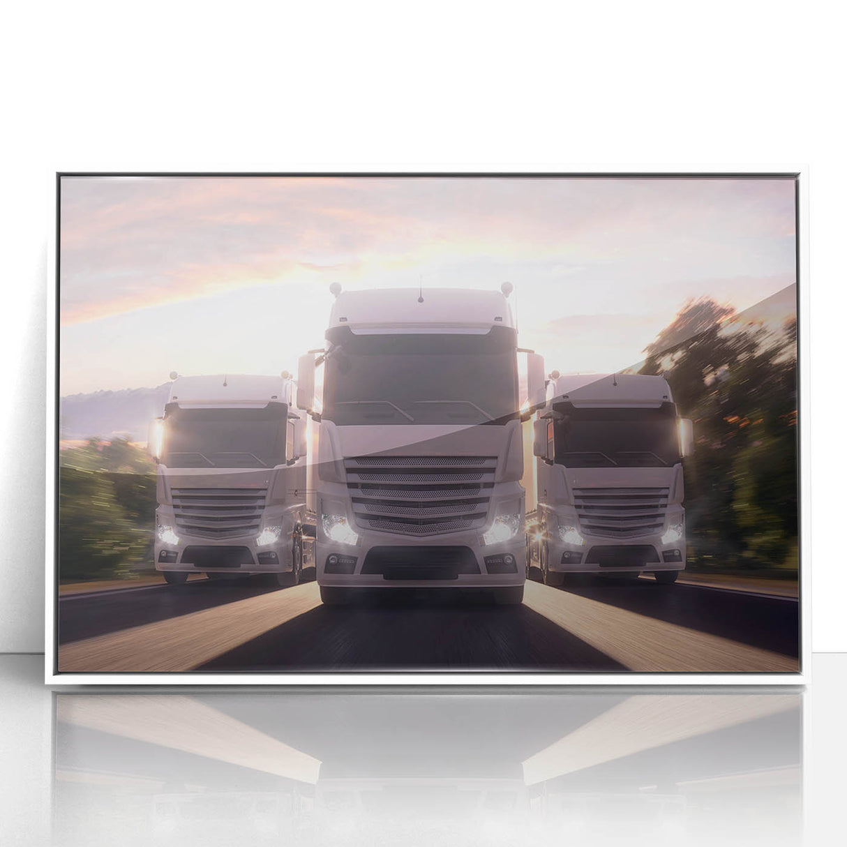 Art deco poster of colorful trucks in a row on white acrylic, framed, ideal for nursery wall decor.