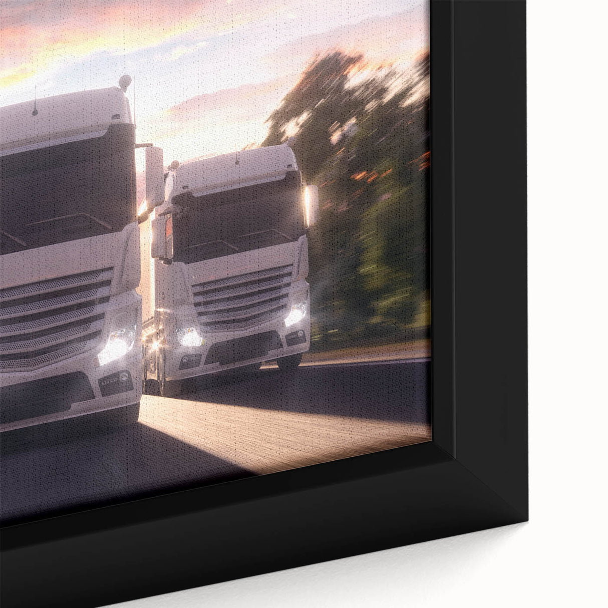 Extra large framed canvas featuring a textured depiction of colorful trucks on a black background.