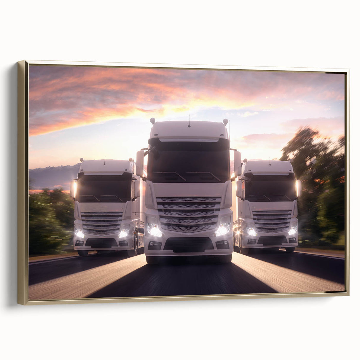 Framed canvas featuring a side view of vintage trucks in black, ideal for bedroom wall art.