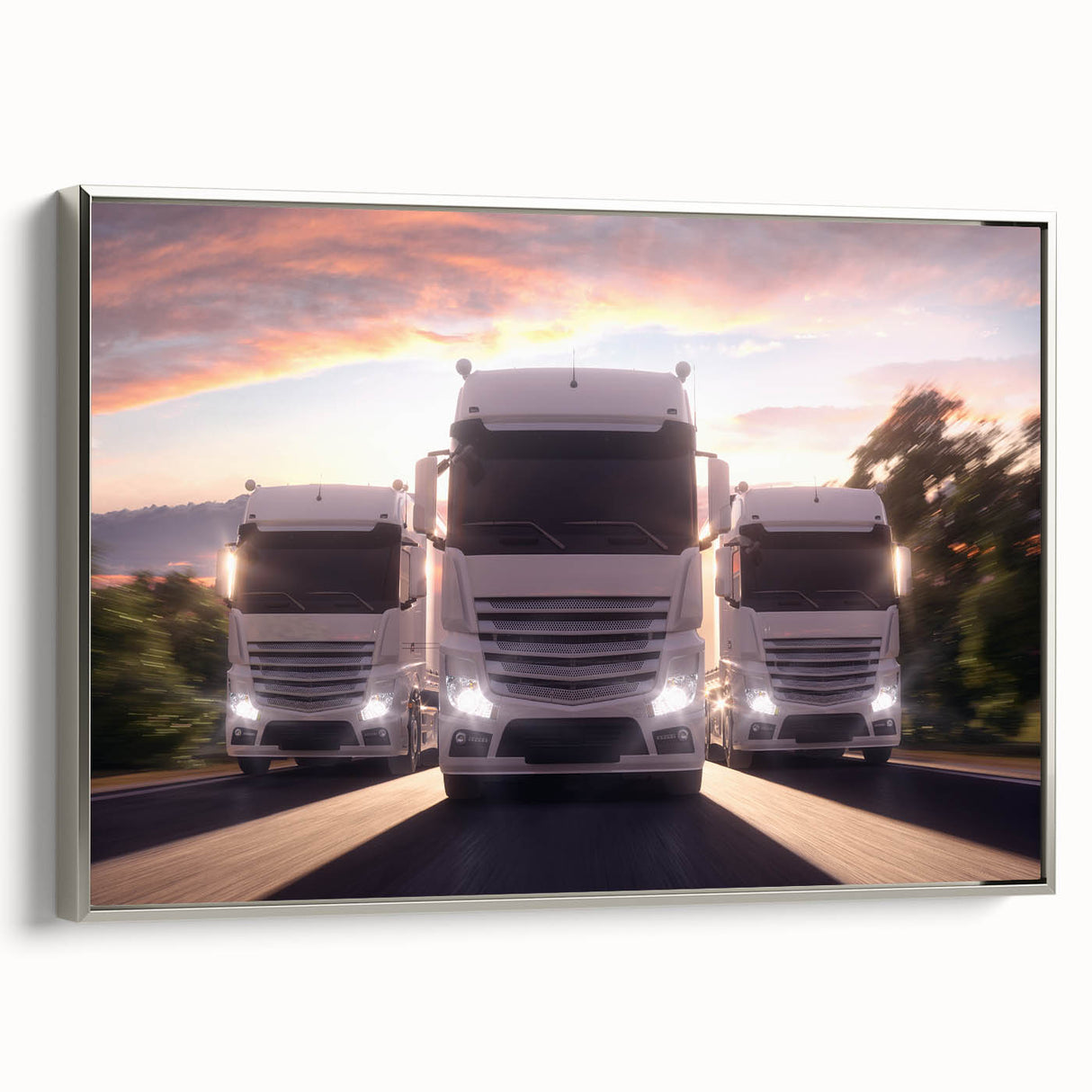 Framed canvas featuring a vintage poster art of colorful trucks in a landscape, ideal for living room decor.