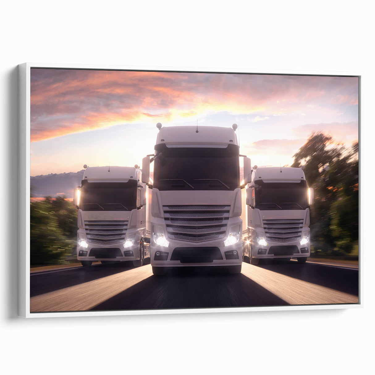 Extra large framed canvas featuring a vintage poster art of colorful trucks on a black background.