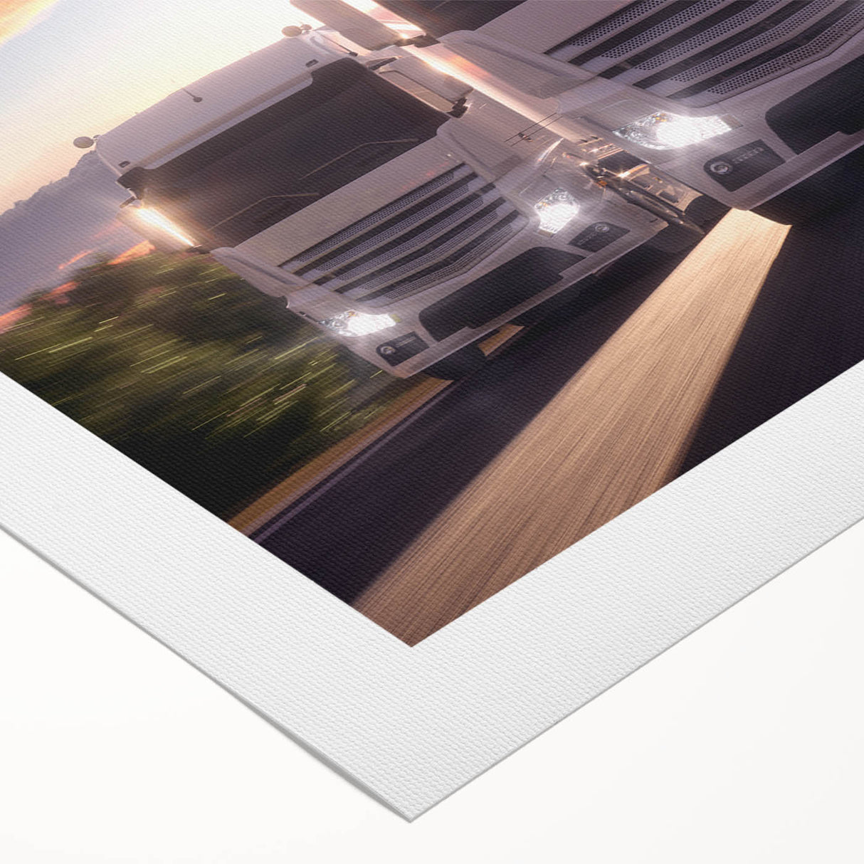 Art deco poster of vintage trucks in muted earth tones on rolled canvas, suitable for dining room decor.