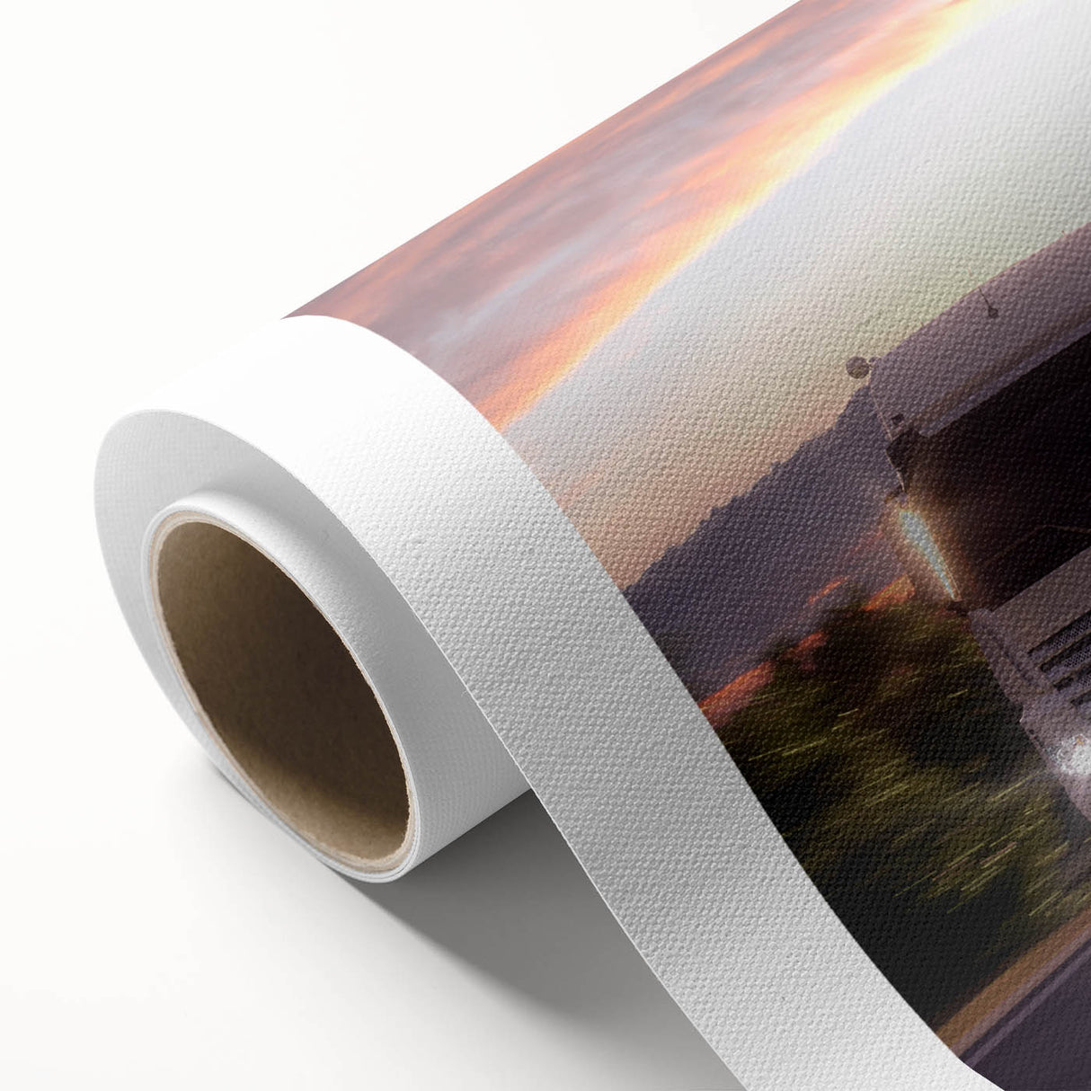 Art deco style poster of colorful trucks on rolled canvas, ideal for nursery wall decor.