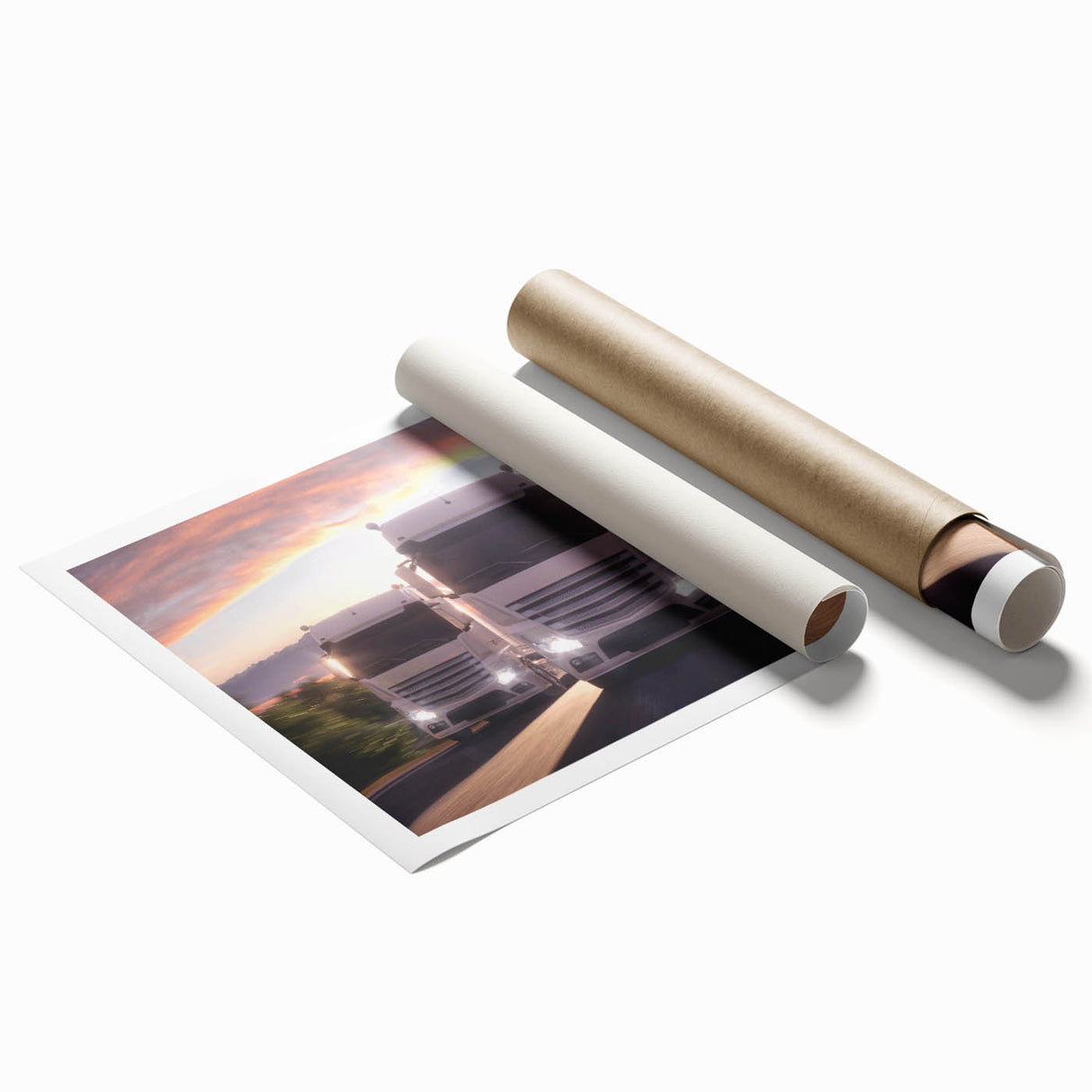 Extra large rolled print of vintage trucks in muted sepia tones, ideal for classy bathroom wall art.