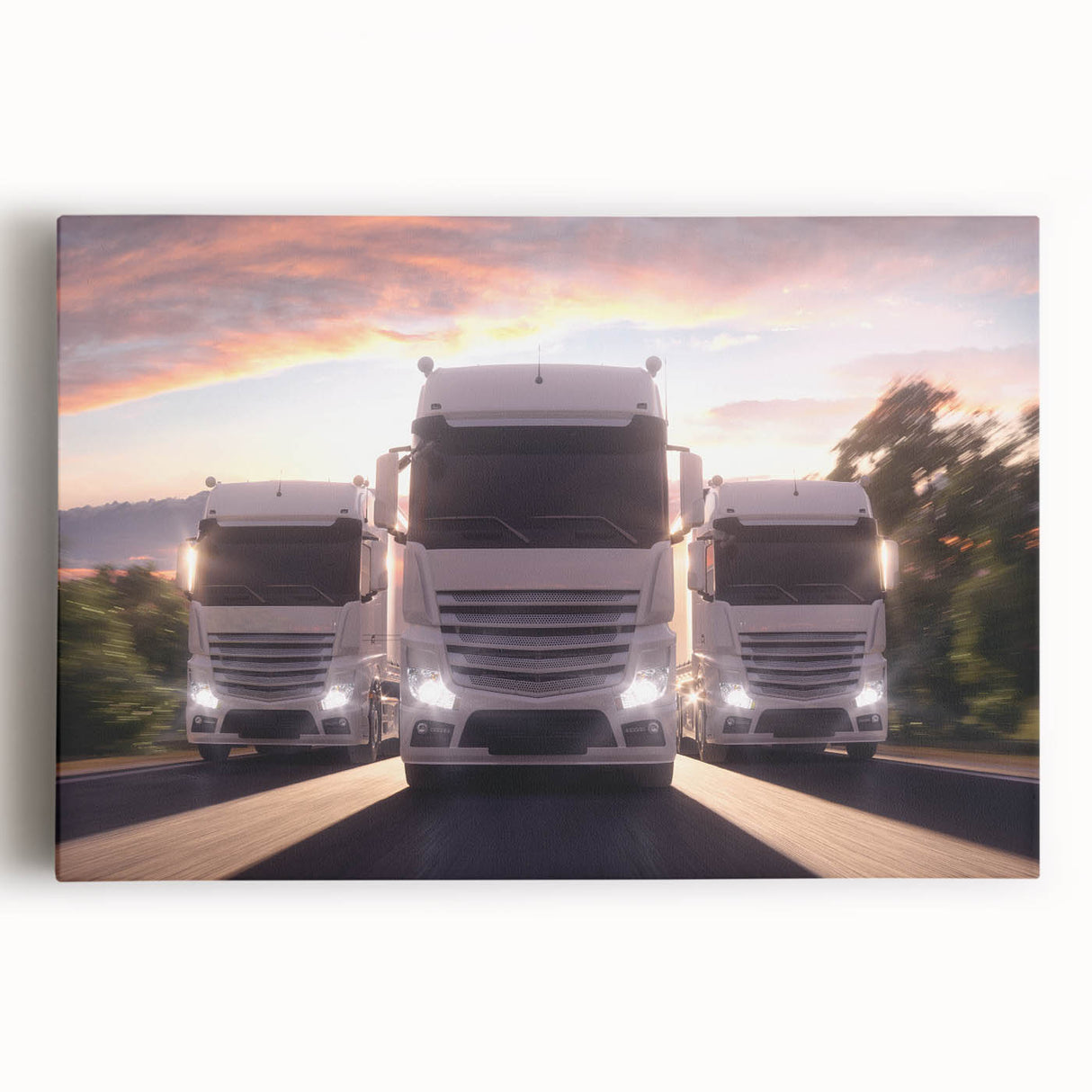 Large black and white canvas print of vintage trucks, ideal for kitchen wall art.