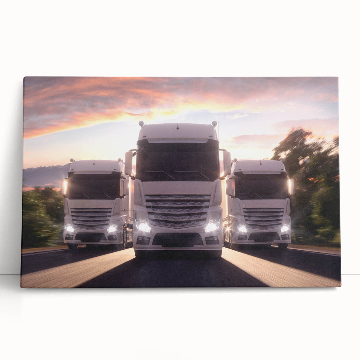 Black and white stretched canvas featuring a detailed illustration of vintage trucks, ideal for kitchen wall art.