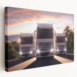 Colorful illustration of vintage trucks on a stretched canvas, ideal for kitchen wall art.