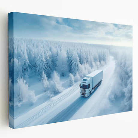 Side view of colorful trucks in a row on stretched canvas, ideal for kitchen wall art.