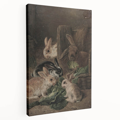 Vintage Animal Art - Rabbits Eating Cabbage Antique Wildlife Print